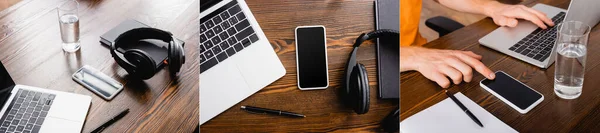 Collage of freelancer using laptop and smartphone with blank screen, wireless headphones, computer and mobile phone on desk, panoramic shot — Stock Photo