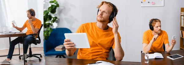 Collage of thoughtful student in wireless headphones using digital tablet while sitting at desk at home, horizontal image — Stock Photo