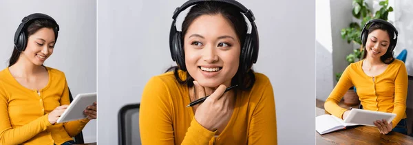 Collage de estudiante asiático en auriculares inalámbricos usando tableta digital y tocando la barbilla mientras mira hacia otro lado, plano panorámico - foto de stock