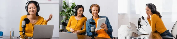Collage di emittente asiatica vicino al microfono, e annunciatori interrazziale guardando tablet digitale sul posto di lavoro, immagine orizzontale — Foto stock