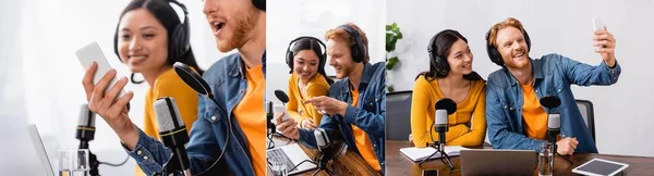 Collage de locutor usando smartphone y tomando selfie cerca asiático colega en auriculares inalámbricos, encabezado del sitio web - foto de stock