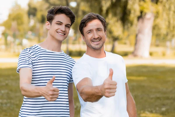 Jubelnder Vater und Teenager-Sohn in T-Shirts, die Daumen hoch im Park zeigen — Stockfoto