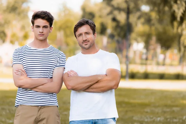 Отец и сын-подросток стоят со скрещенными руками в парке — стоковое фото