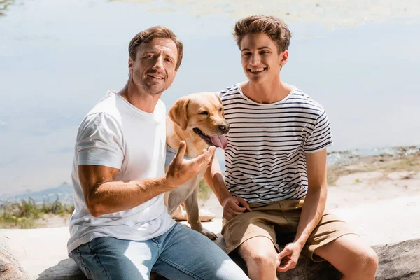 Father and son sitting with golden retriever near lake — Stock Photo
