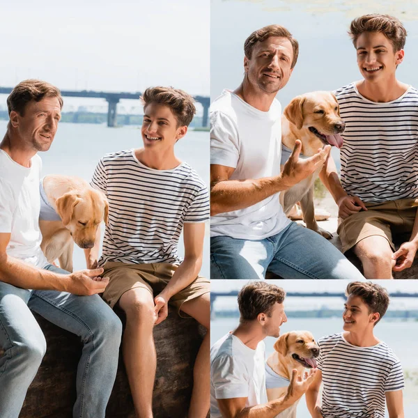 Collage of father and son sitting with golden retriever near lake — Stock Photo