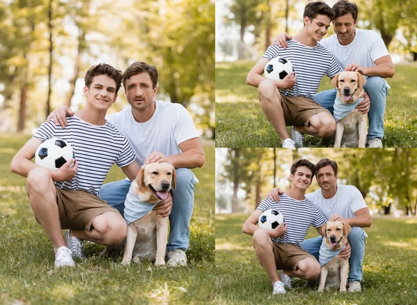 Collage of father and son with football sitting on grass and cuddling golden retriever — Stock Photo