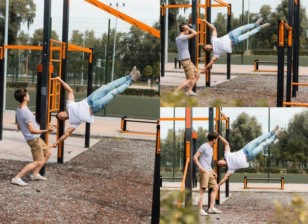 Collage du père faisant de l'exercice sur des barres horizontales près du fils adolescent à l'extérieur — Photo de stock