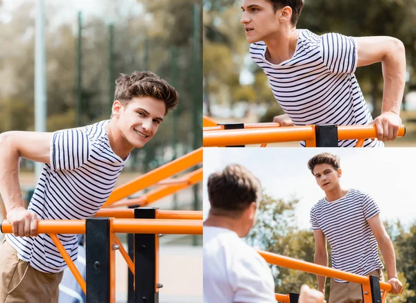 Collage of teenager exercising on horizontal bars near father outside — Stock Photo