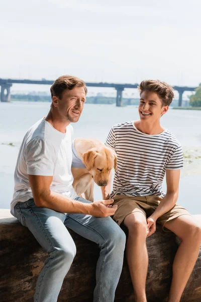 Padre e figlio seduti con golden retriever vicino al fiume — Foto stock