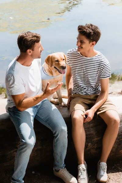 Father and son looking at each other while talking near golden retriever and lake — Stock Photo