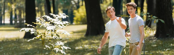 Récolte panoramique de père et fils adolescent regardant la caméra dans le parc — Photo de stock