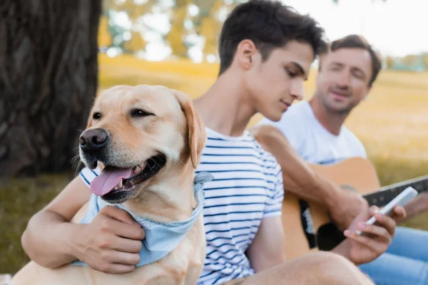 Selective focus of golden retriever near teenager boy with smartphone and man holding acoustic guitar in park — Stock Photo