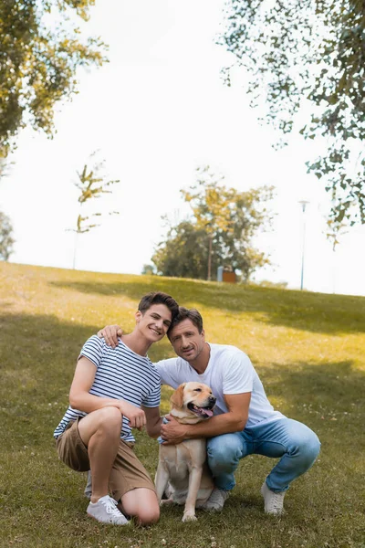 Отец обнимает сына-подростка рядом с золотистым ретривером, сидя на траве в парке — стоковое фото
