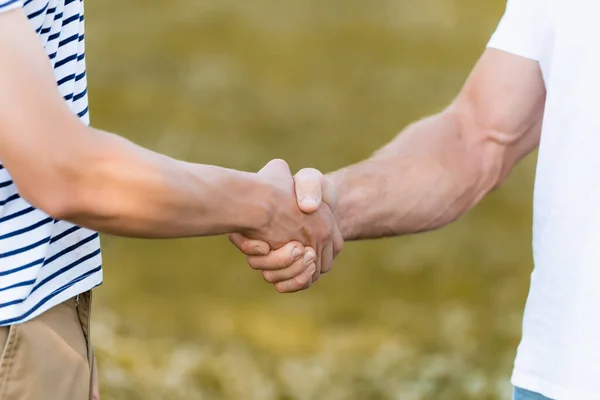 Vista recortada del padre y el hijo adolescente estrechando las manos - foto de stock