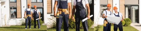 Collage von Bauarbeitern in Uniform mit Bauplan und Wasserwaage im Freien — Stockfoto