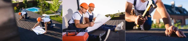 Колаж будівельників, що дивиться на креслення і ремонт даху будівлі — стокове фото