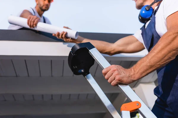 Ausgeschnittene Ansicht eines Bauunternehmers, der seinem Kollegen einen Bauplan gibt, während er auf einer Leiter in der Nähe des Gebäudes steht — Stockfoto