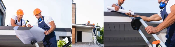 Collage de constructores con plano, martillo y escalera trabajando en el techo del edificio - foto de stock