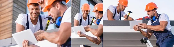 Collage of builders in uniform using digital tablet while working on roof of building — Stock Photo