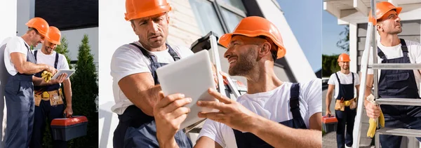 Collage des constructeurs utilisant une tablette numérique et travaillant sur une échelle près du bâtiment — Photo de stock
