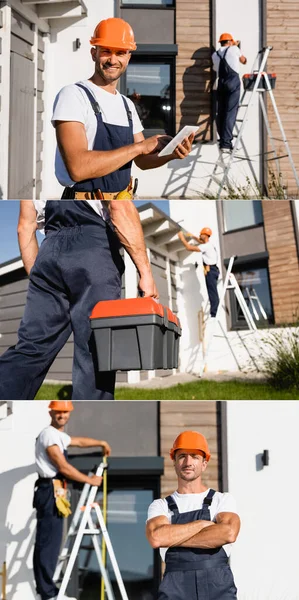 Collage of builders with digital tablet and toolbox working near building — Stock Photo