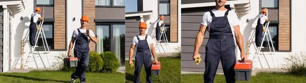 Colagem de construtor com caixa de ferramentas mostrando gesto ok no gramado perto do edifício — Fotografia de Stock