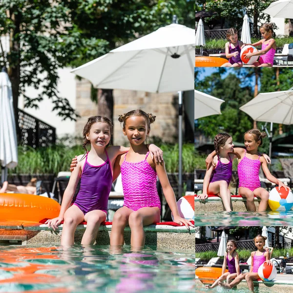 Colagem de meninas em trajes de banho abraçando enquanto sentado à beira da piscina com bola inflável e anel — Fotografia de Stock