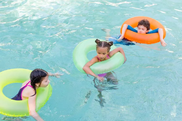 Высокий угол обзора трех друзей, плавающих в бассейне на красочных плавательных кольцах — стоковое фото