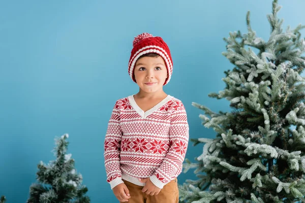 Boy in winter outfit standing near christmas trees on blue — Stock Photo