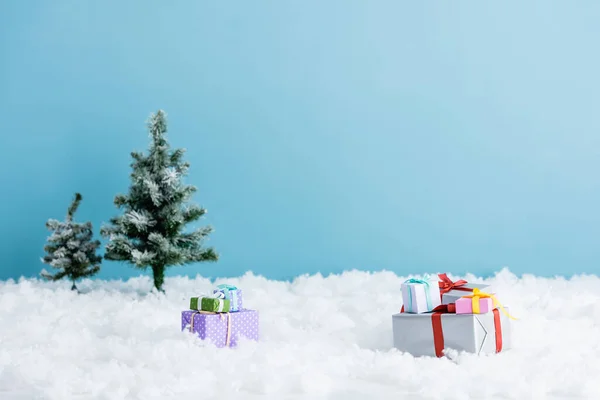 Presentes na neve branca perto de árvores de Natal isoladas em azul — Fotografia de Stock