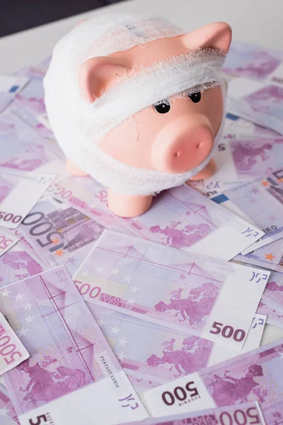 Selective focus of piggy bank on euro banknotes — Stock Photo