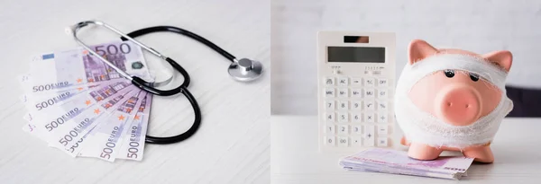 Collage de stéthoscope sur billets en euros et tirelire près de la calculatrice sur table — Photo de stock