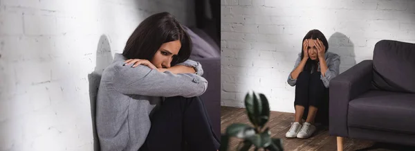 Коллаж грустной женщины, сидящей на полу возле дивана — Stock Photo