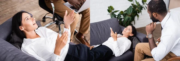 Collage of woman talking and gesturing while lying on sofa near african american psychologist, horizontal orientation — Stock Photo