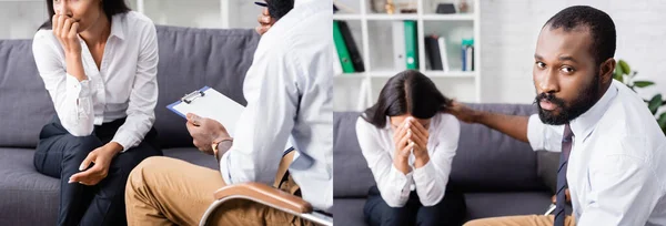 Collage of african american psychologist holding clipboard and calming stressed patient obscuring face with hands, horizontal crop — Stock Photo