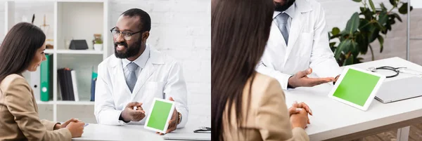 Collage de médico afroamericano barbudo apuntando a tableta digital con pantalla en blanco cerca de mujer morena, imagen horizontal - foto de stock