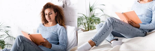 Collage of young curly woman reading book while sitting on bed — Stock Photo