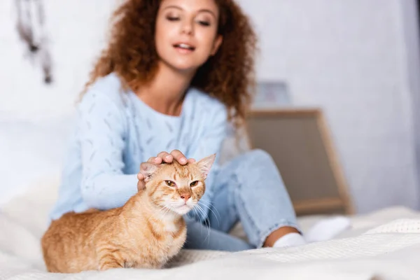 Selektiver Fokus einer Frau, die Ingwerkatze auf dem Bett streichelt — Stockfoto