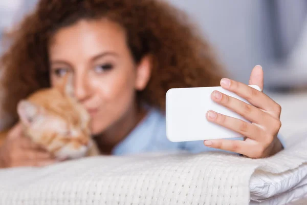 Focus selettivo della donna che prende selfie con gatto sul letto — Foto stock