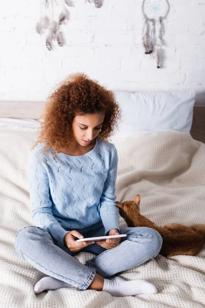 Femme rousse utilisant une tablette numérique près du chat sur le lit — Photo de stock