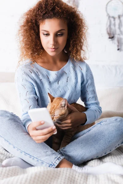 Selective focus of curly woman using smartphone near ginger cat in bedroom — Stock Photo