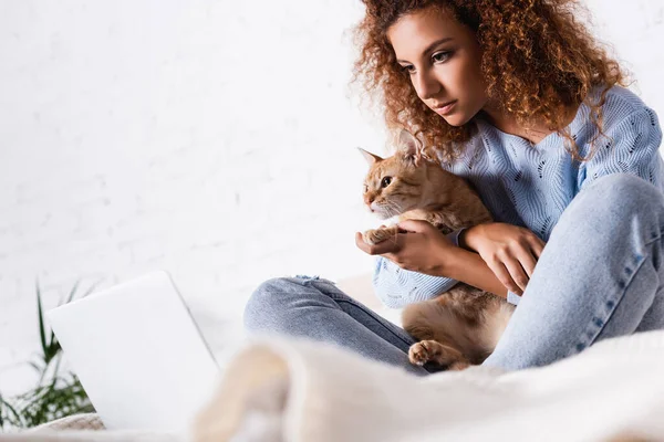 Focus selettivo della giovane donna dai capelli rossi che abbraccia il gatto vicino al laptop a casa — Foto stock