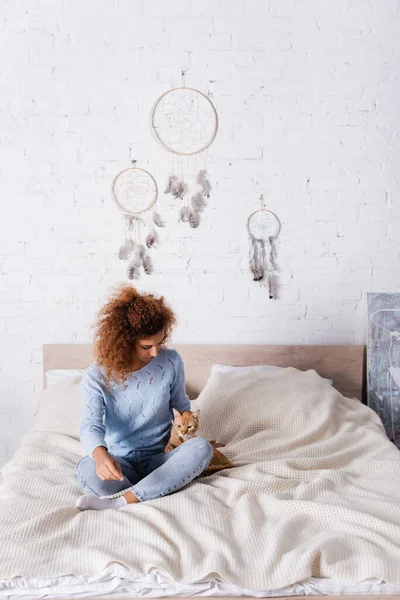 Mujer joven en jeans y suéter sentada cerca de gato jengibre en el dormitorio - foto de stock