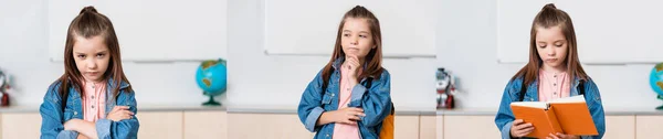 Collage de colegiala soñadora y confiada sosteniendo libro en el aula - foto de stock