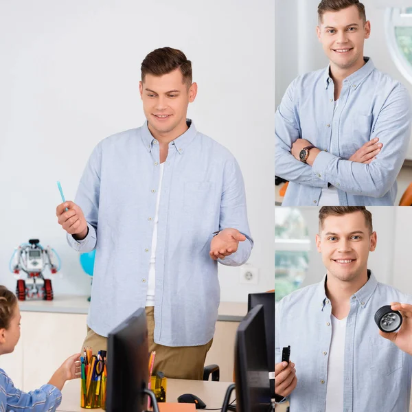 Collage of teacher holding parts of robot and looking at pupil in stem school — Foto stock