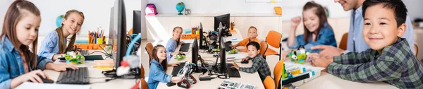 Collage of multiethnic schoolkids and teacher using computers near robots in stem school — Stock Photo