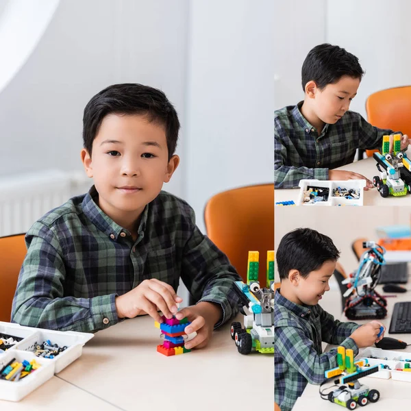 Collage of asian schoolboy with building blocks modeling robot in classroom — Stock Photo