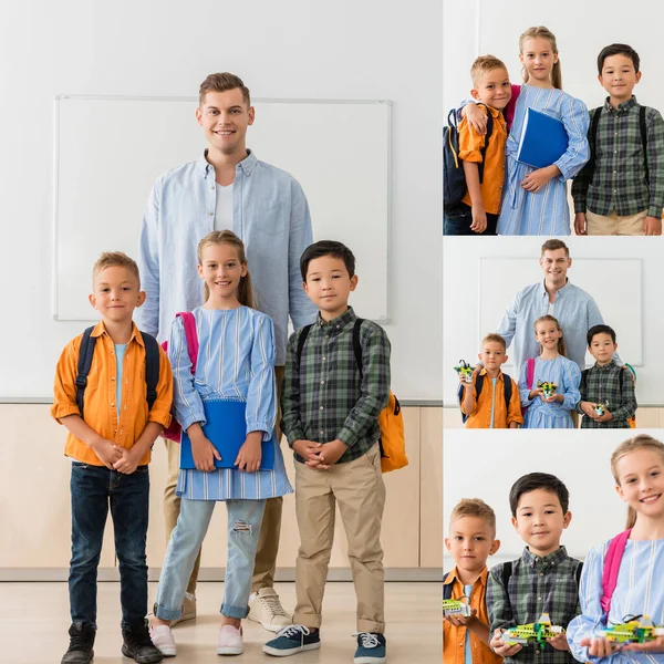 Collage of teacher and multiethnic pupils with robots looking at camera in stem school — Stock Photo