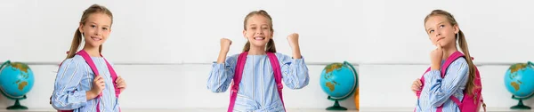 Collage of pensive and excited schoolgirl looking at camera in classroom — Stock Photo