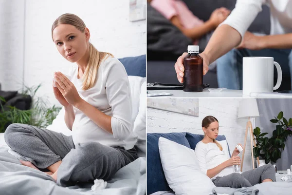 Collage of pregnant woman holding jar of pills and glass of water and taking syrup near daughter — Stock Photo